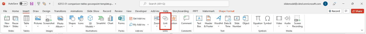 Insert tab add hyperlink icon PowerPoint Ribbon.