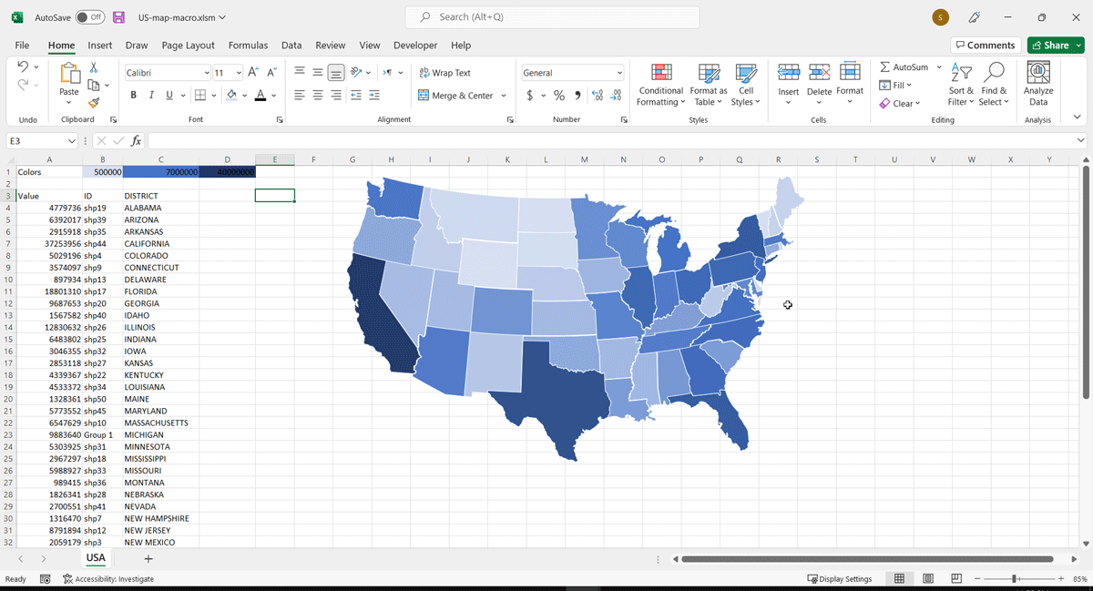 a Excel spreadsheet with data to generate a choropleth heatmap
