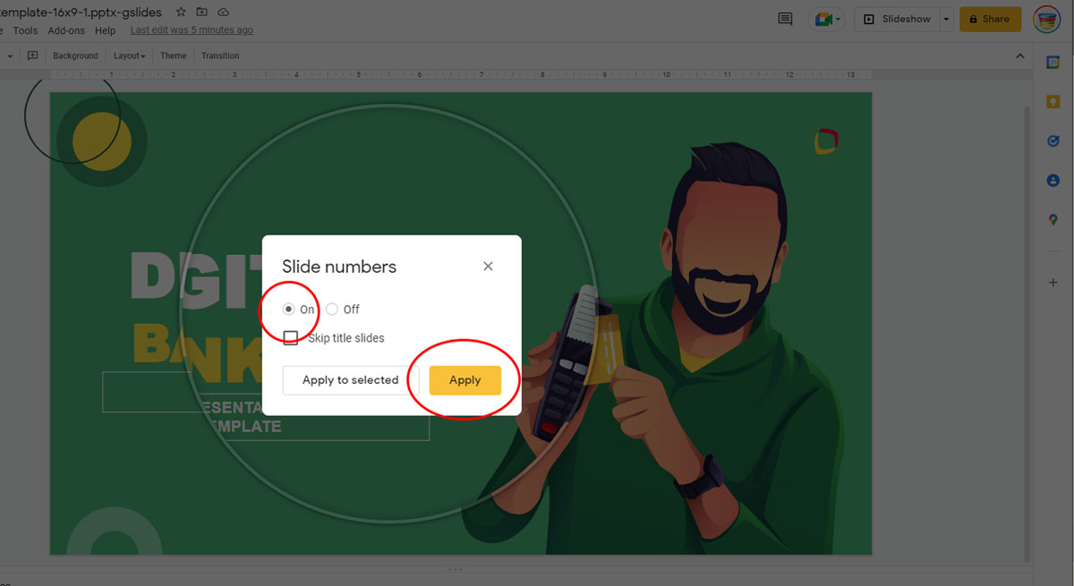 Google Slides Insert Slide Numbers Popup Menu