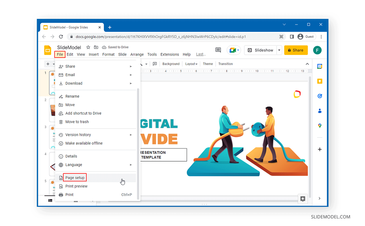 Accessing Page Setup in Google Slides - how to change the size of a google slide