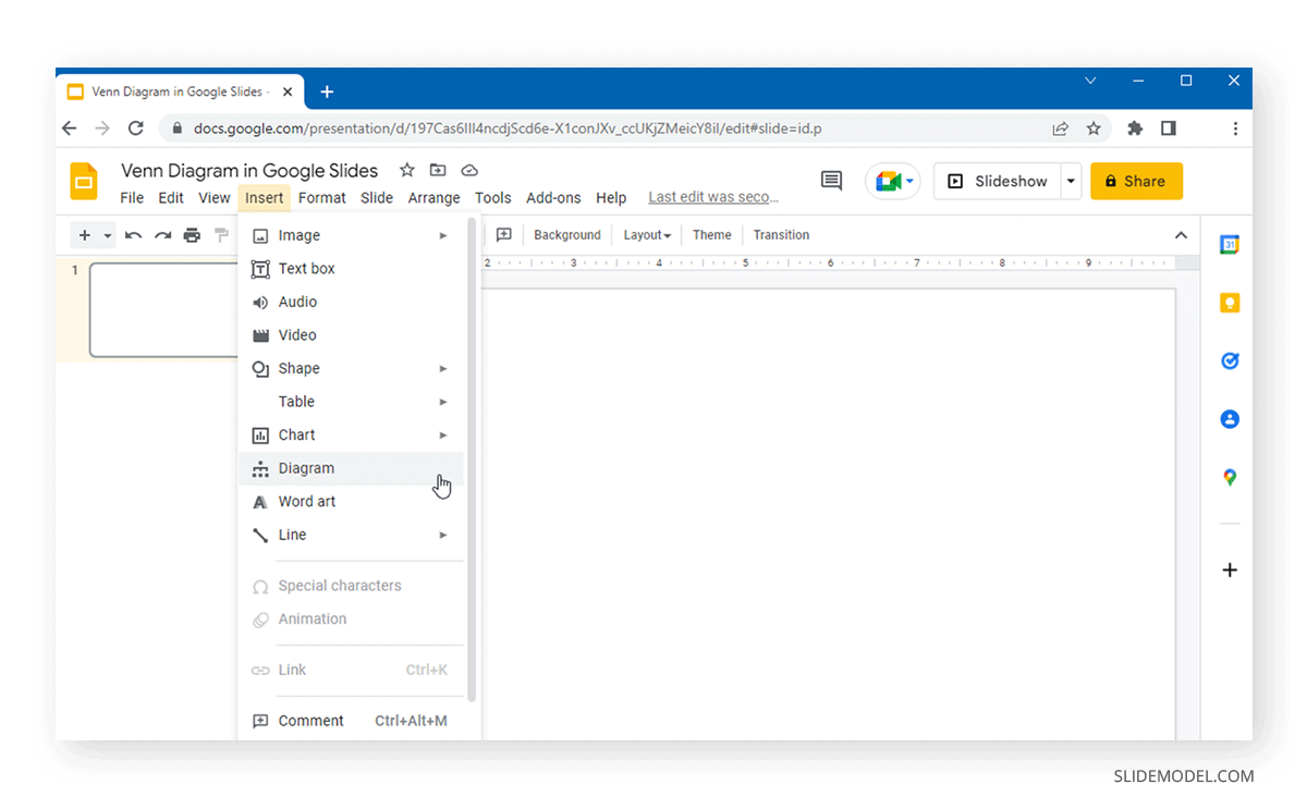 Add a diagram in Google Slides to create a Venn Diagram