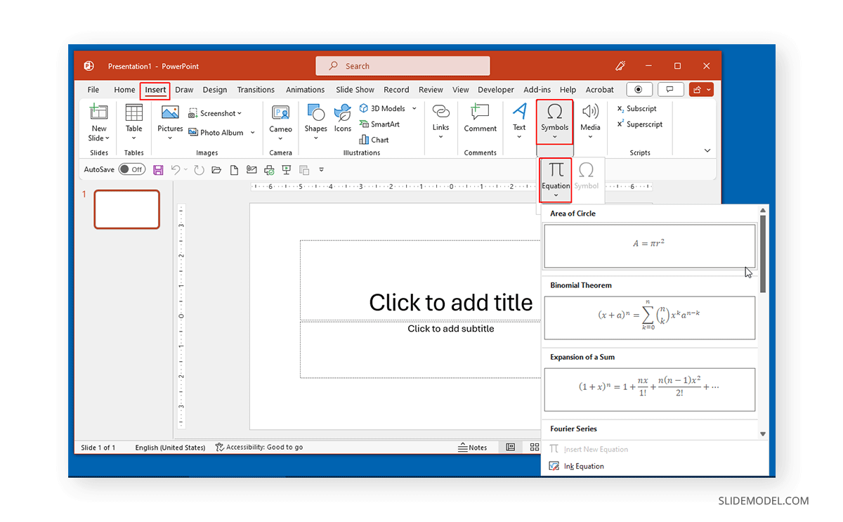 Locating the equations menu in PowerPoint
