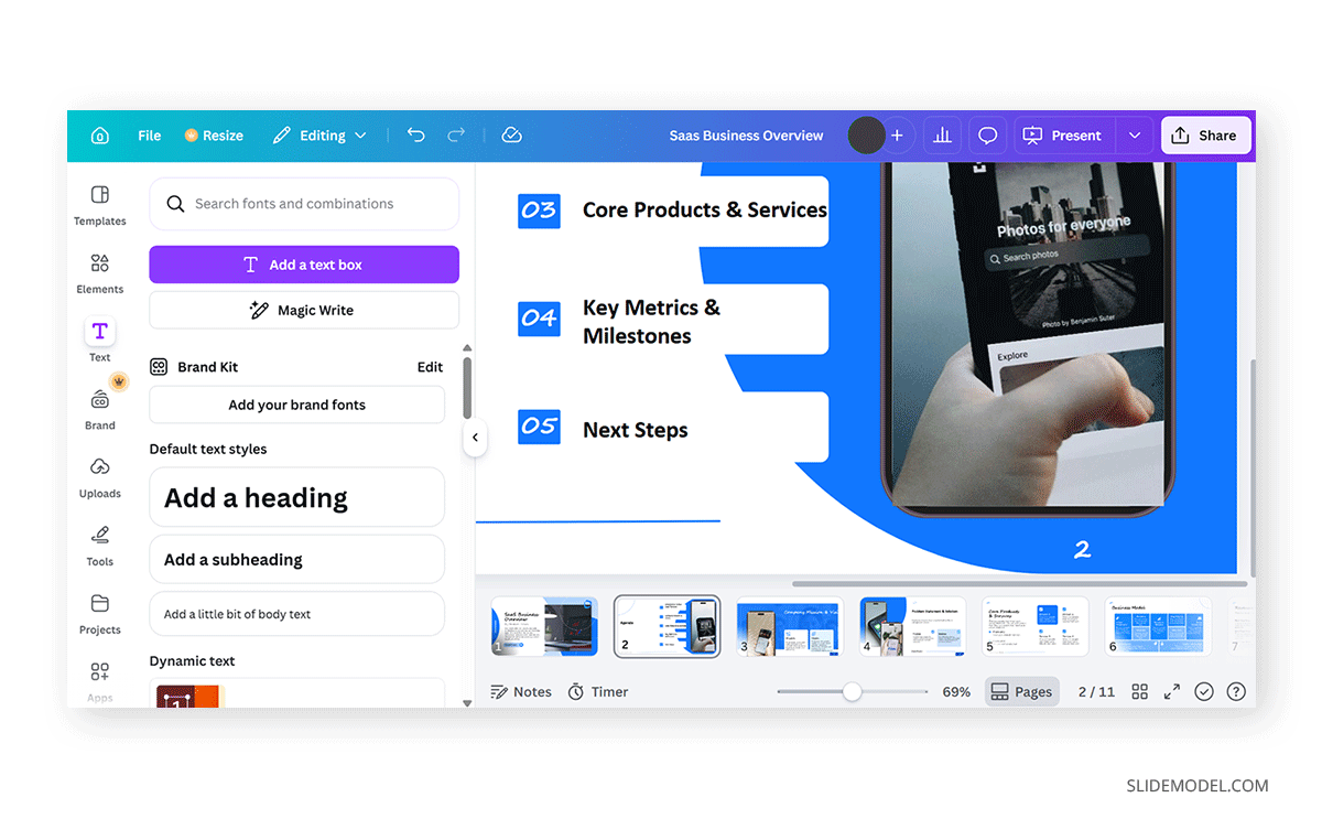 Canva slide with text box with number