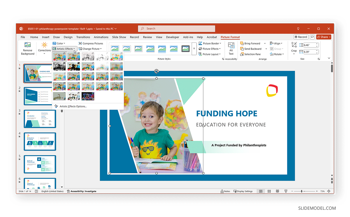 Where to find artistic filters in PowerPoint