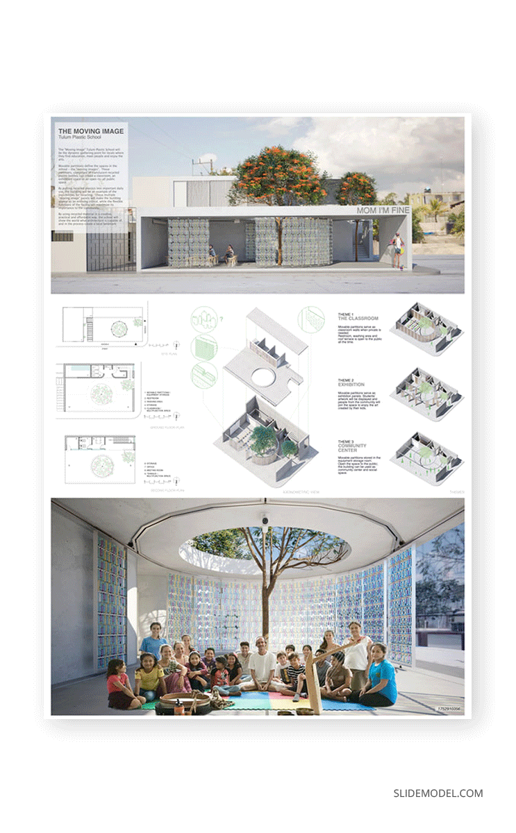 Architectural board presentation with big render image example