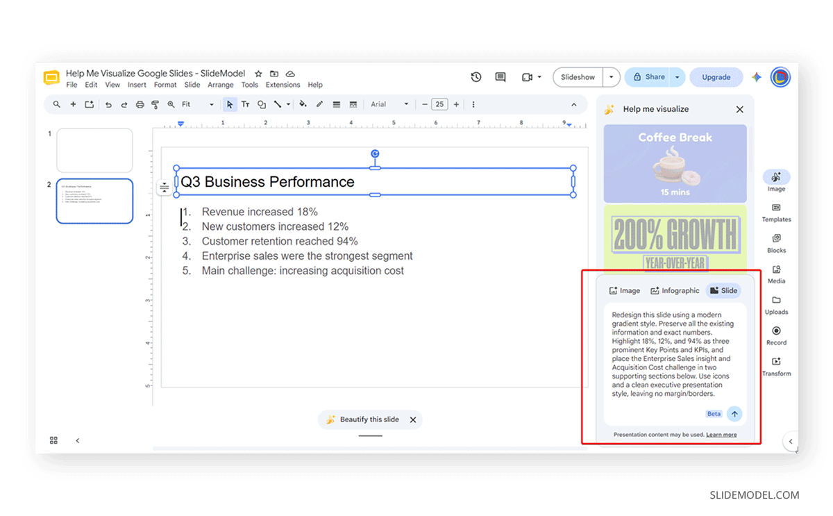 Using beautify this slide in Google Slides