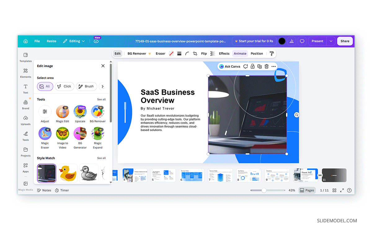 Menu for editing images in Canva