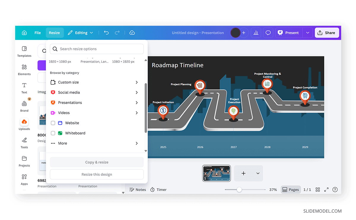 Preset sizing options in Canva