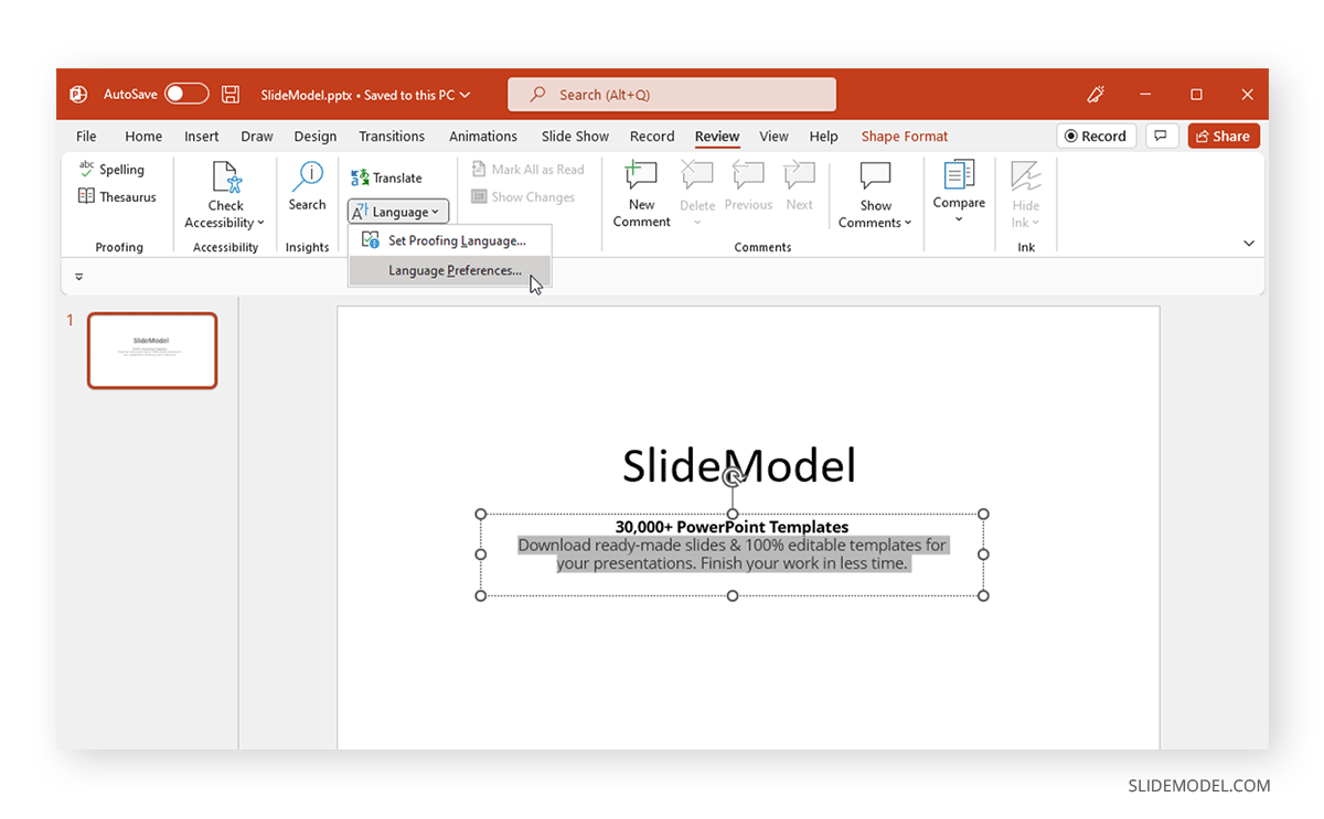 powerpoint change presentation language