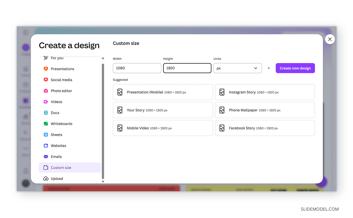 Adding slide dimensions in Canva