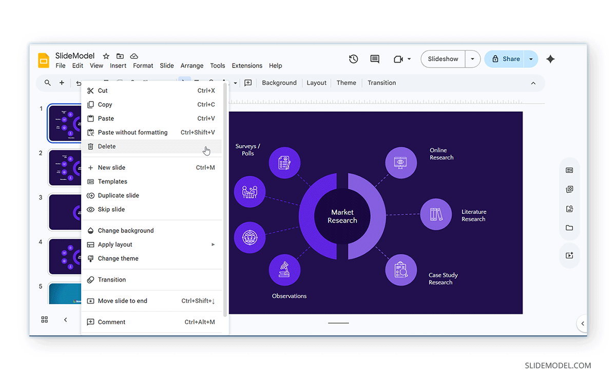 How to delete a slide via right click in Google Slides