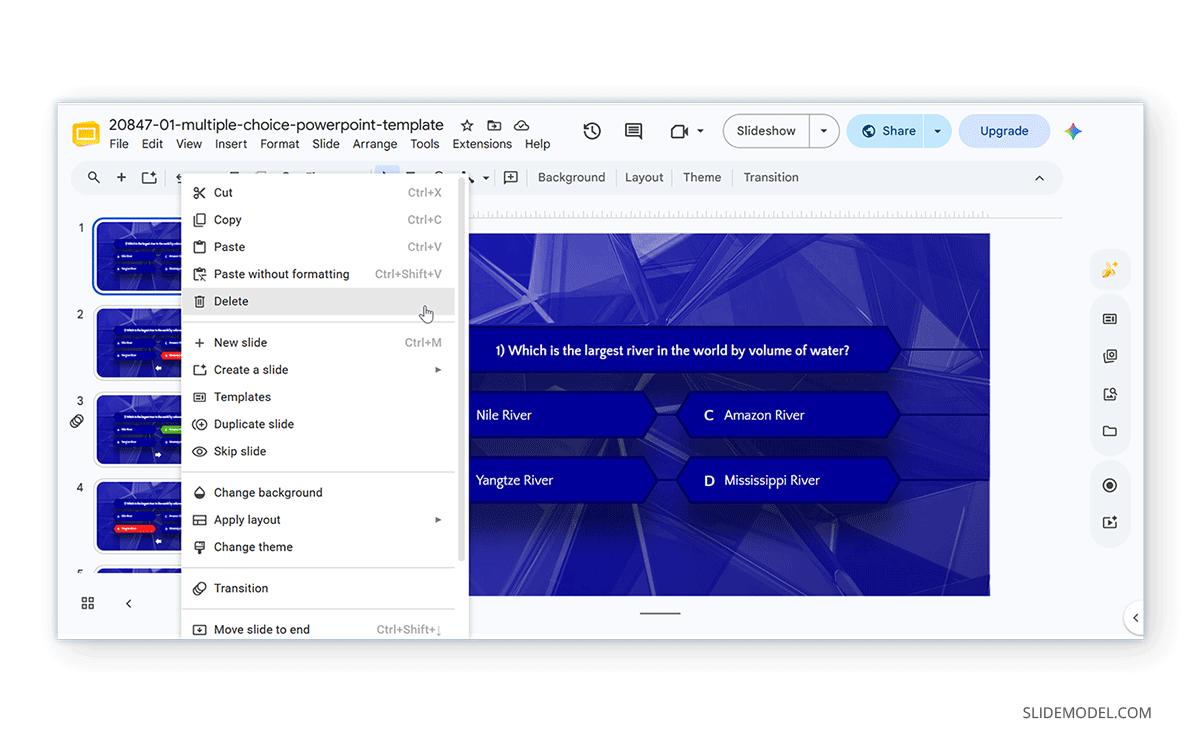Delete a slide via right-click