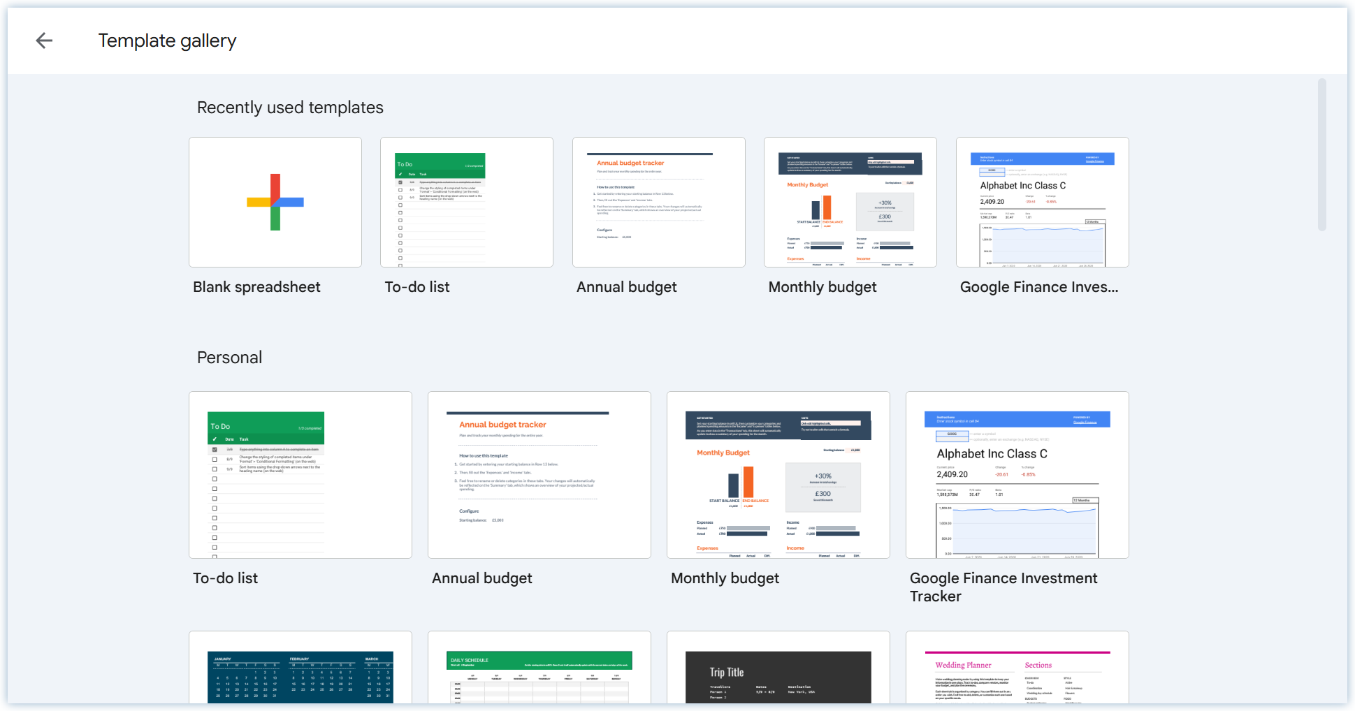Example of Google Sheets Template Gallery