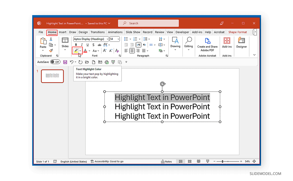 Accessing the text highlight tool in the Ribbon