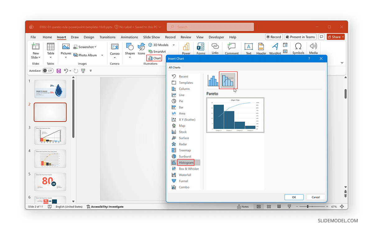 Locating where to insert the Pareto Chart in the Insert Chart menu