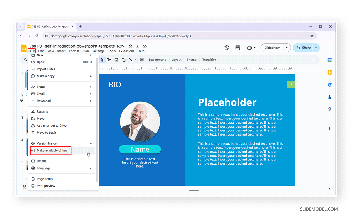 Finding the make available offline option Google Slides