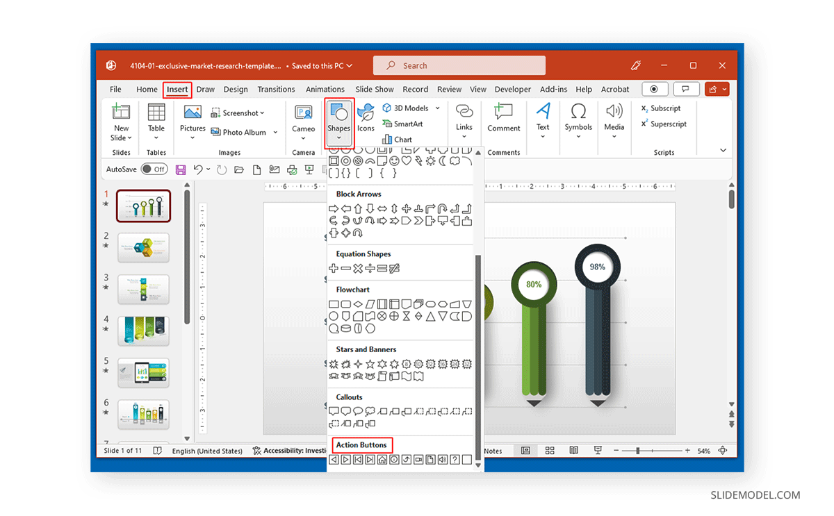 Insert an action button via PowerPoint shapes