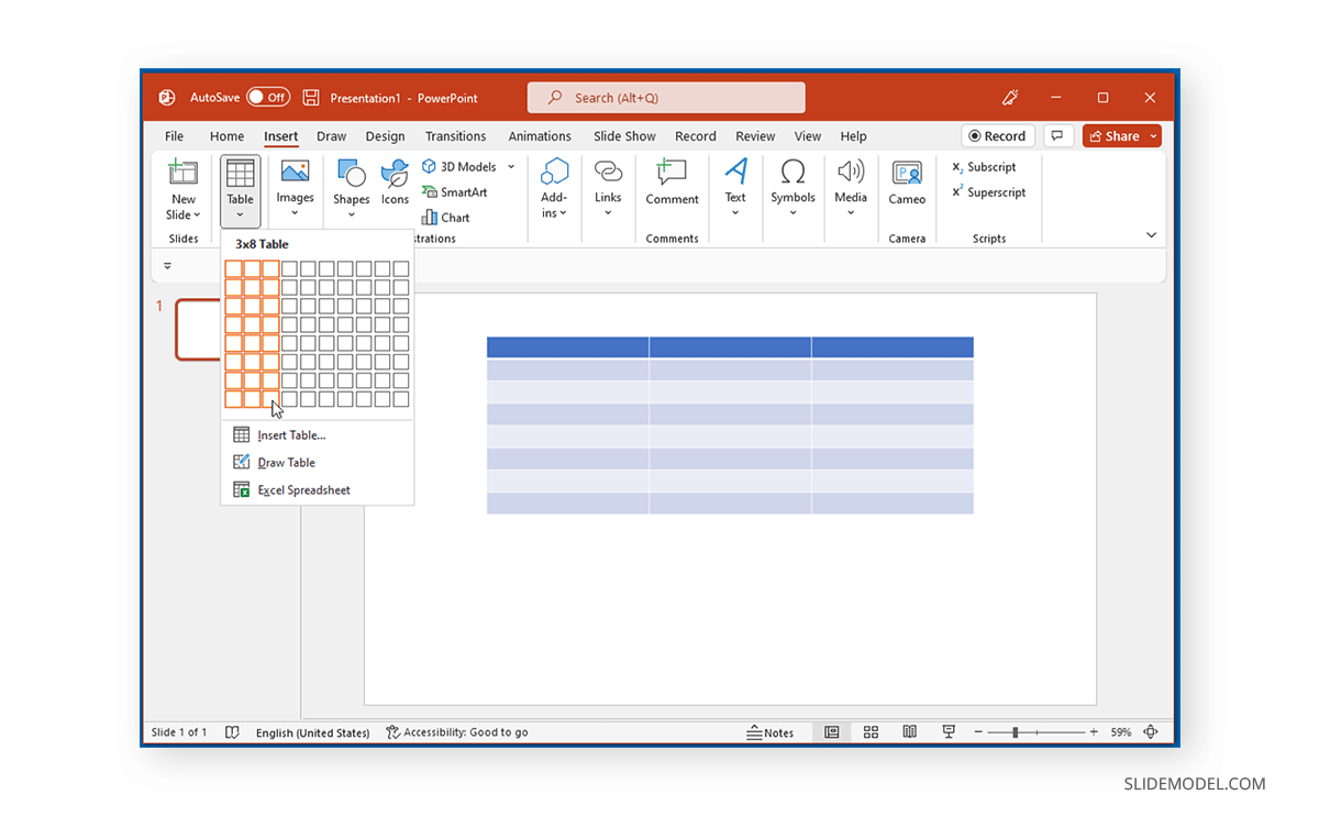 Inserting a table in PowerPoint to create categories in a Swim Lane Diagram