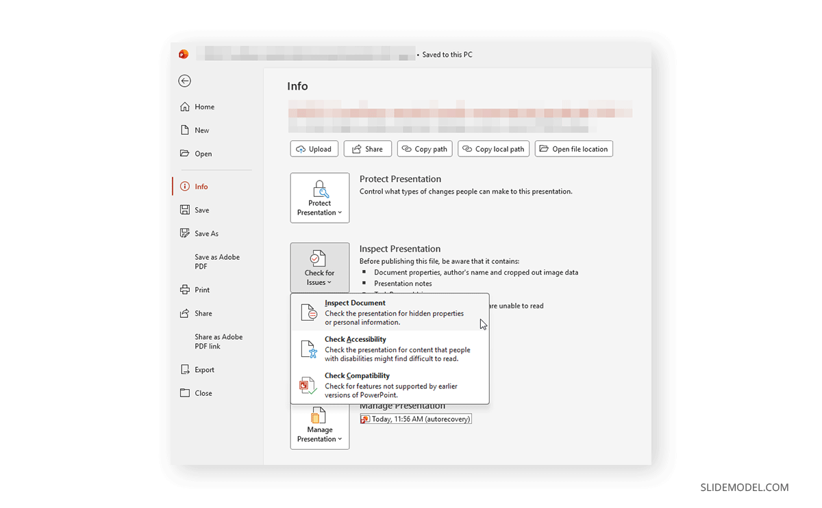 Where to find Document Inspector in PowerPoint