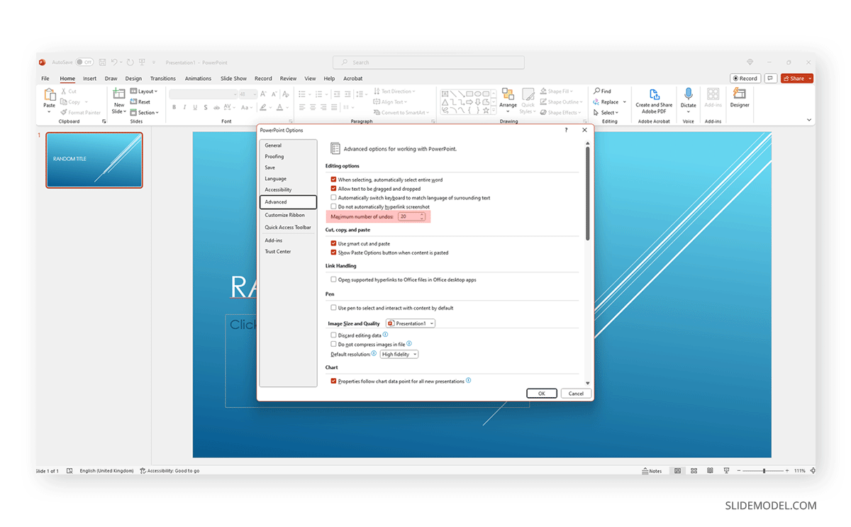 Maximum count of undos option in PowerPoint