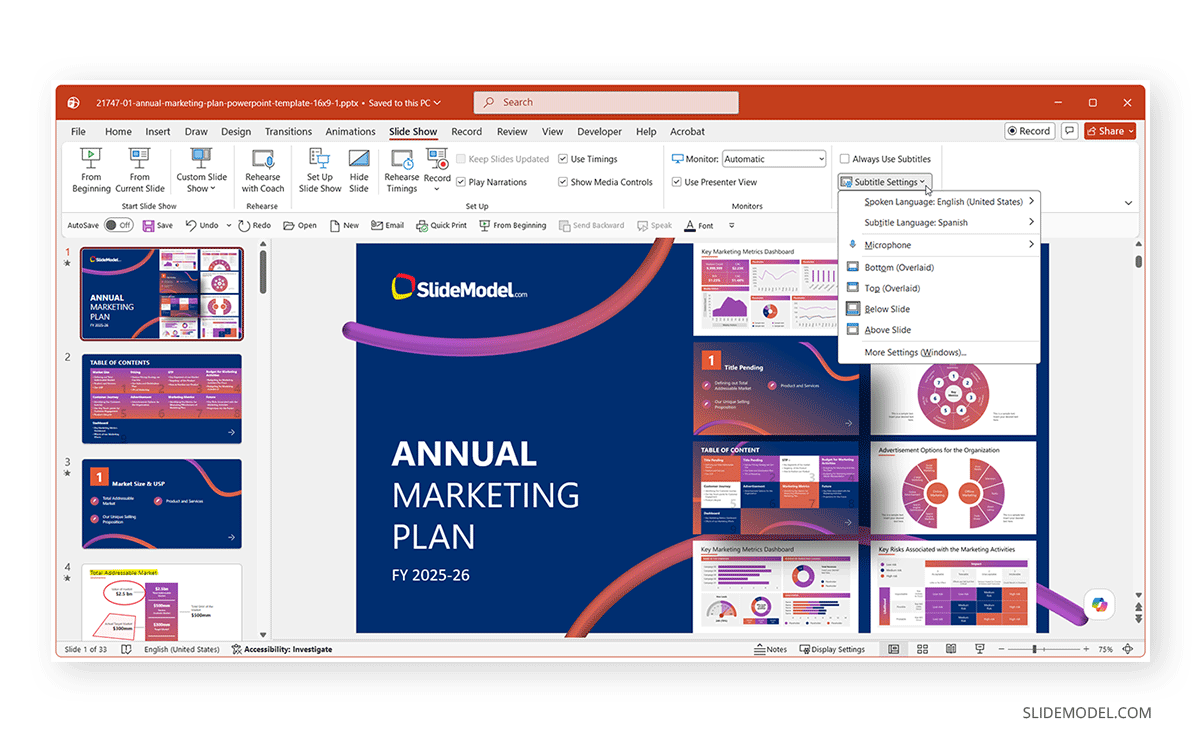 Where to find Subtitle Settings in PowerPoint