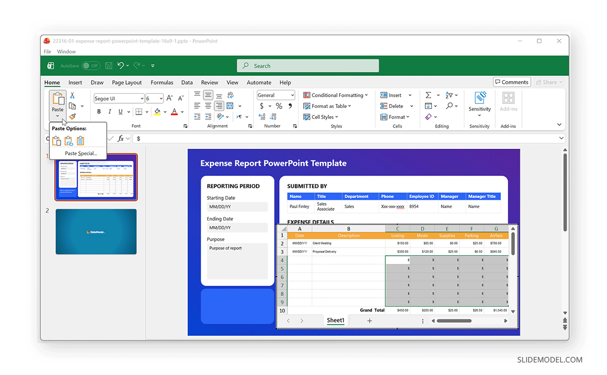 How to paste Excel data in PowerPoint