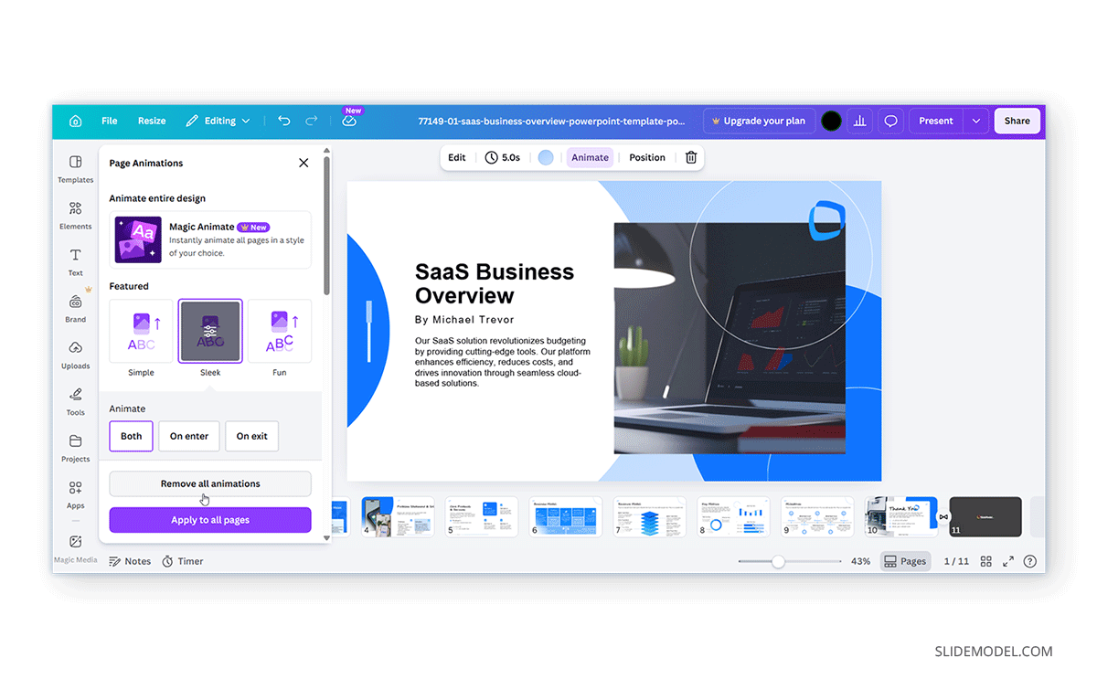 How to delete animations from an entire slide deck in Canva