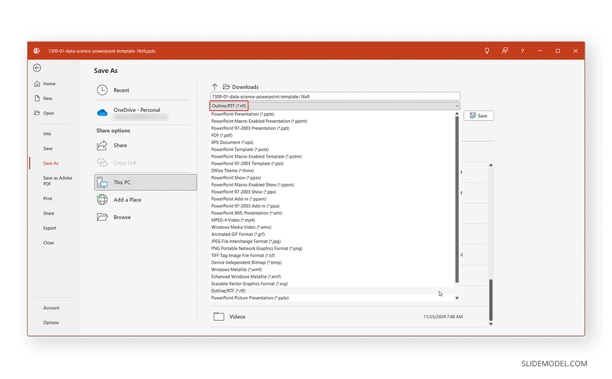 How to export a presentation outline from slides in PowerPoint