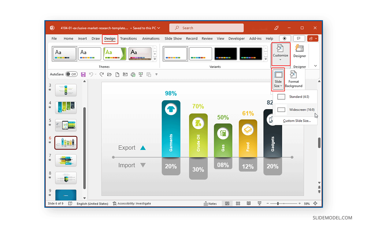 Locating Slide Size options PowerPoint