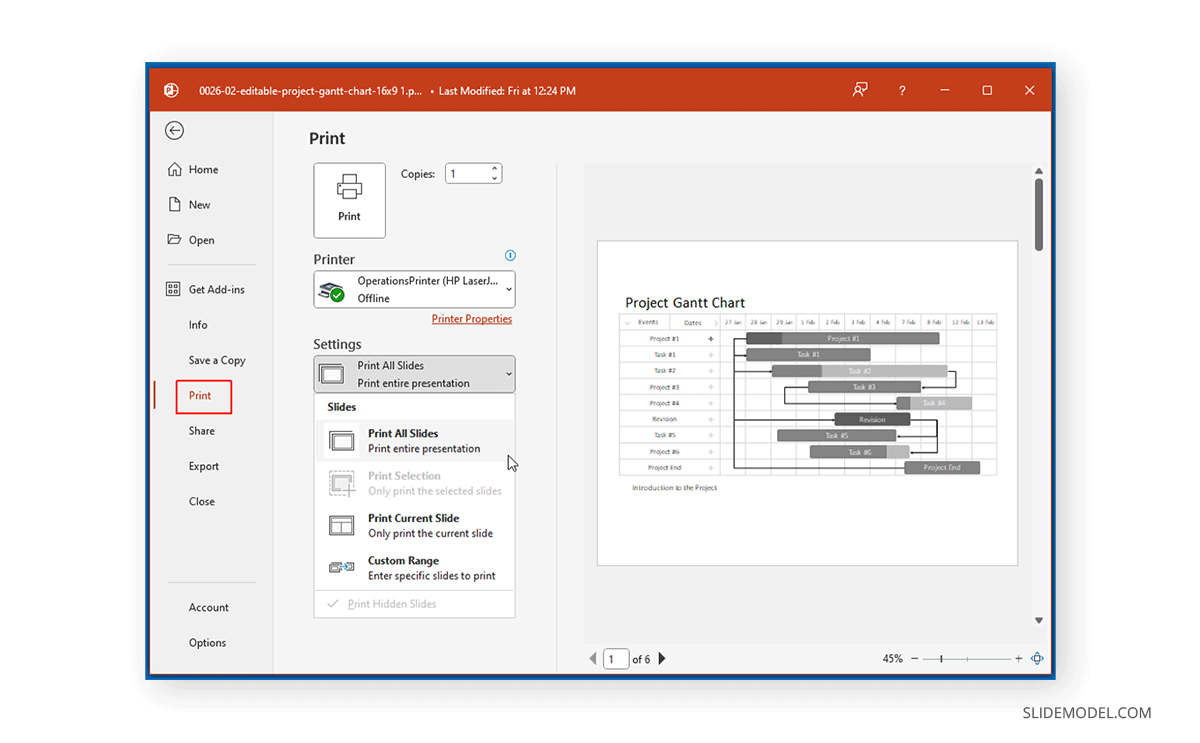 Select slide to print with notes in PowerPoint desktop version