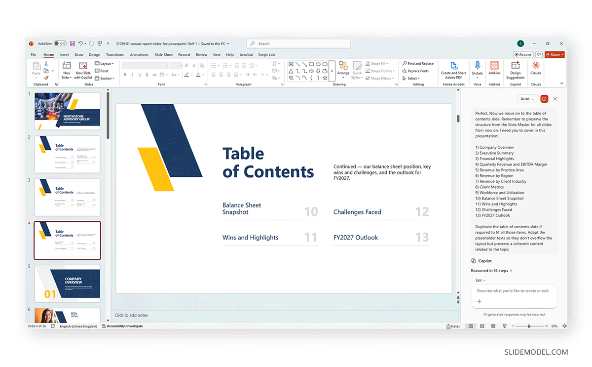 Creating a ToC slide with Copilot and SlideModel