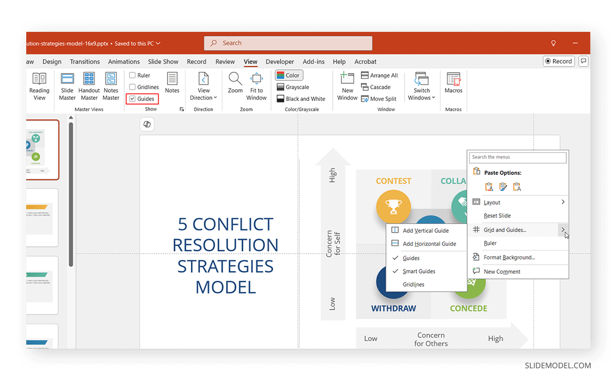 Locating grids and guides to set margins in PowerPoint