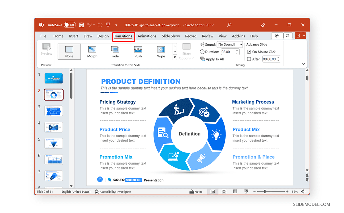 Accessing Transitions panel in PowerPoint