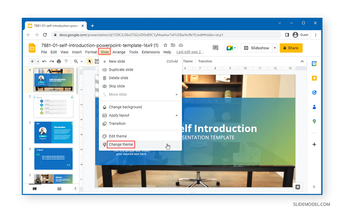 Locating the Change Theme option in Google Slides