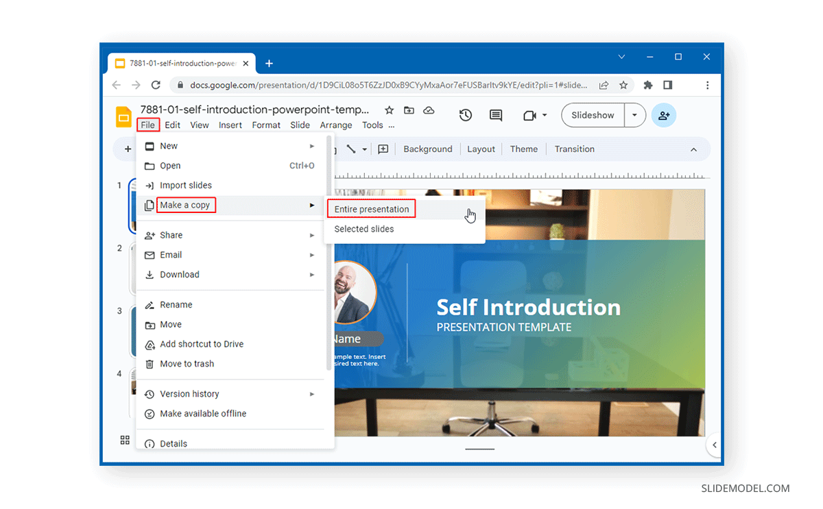 Make a copy of an entire presentation in Google Slides