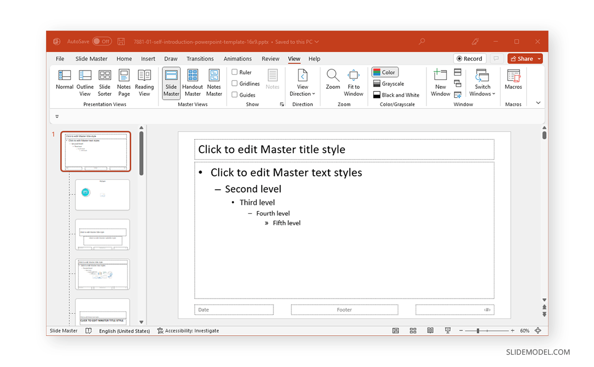 editing the slide master in PowerPoint to include a new footer