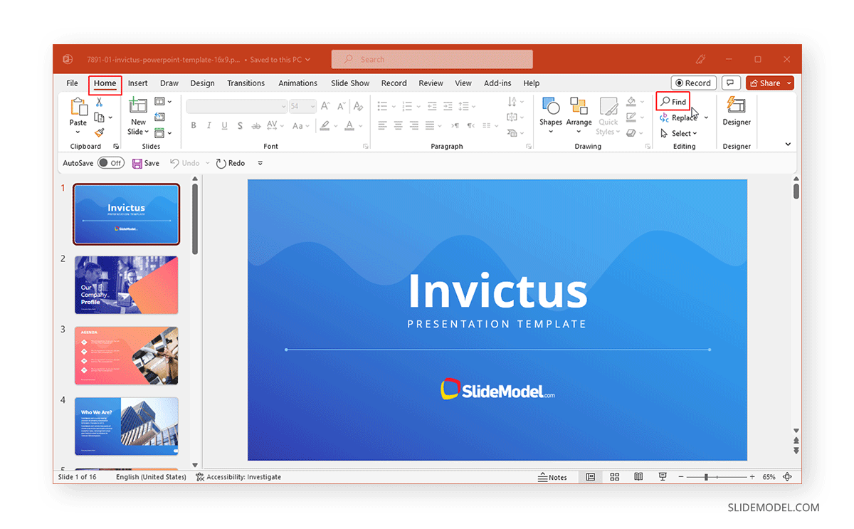 Accessing Find tool in PowerPoint