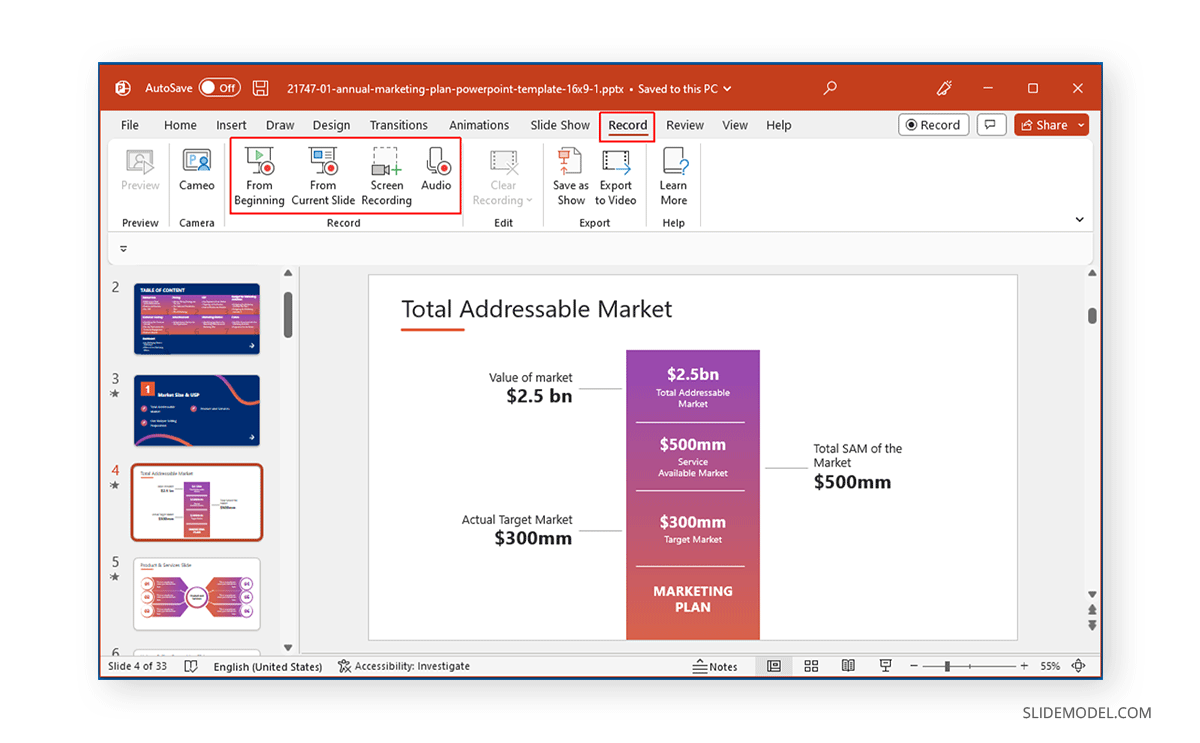 Locating options for how to record a presentation in PowerPoint