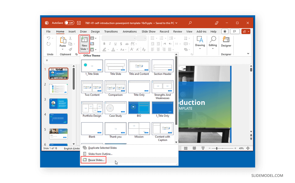 Reusing slides to merge PowerPoint presentations