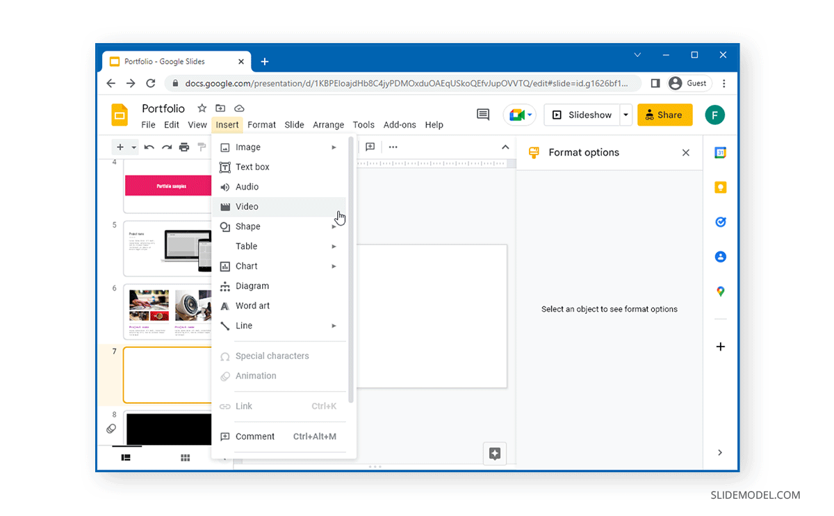Inserting a video to a Google Slides presentation via the Insert menu