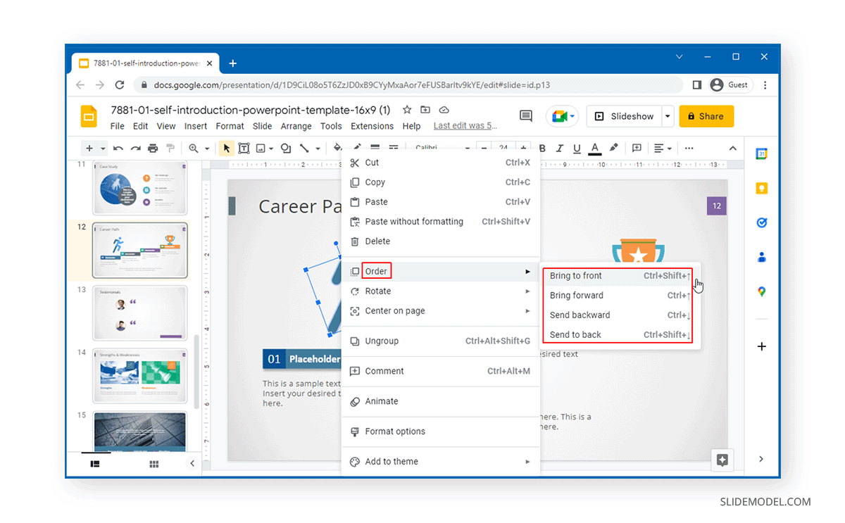 Object order options in Google Slides