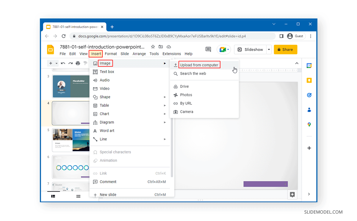 Inserting an image into Google Slides