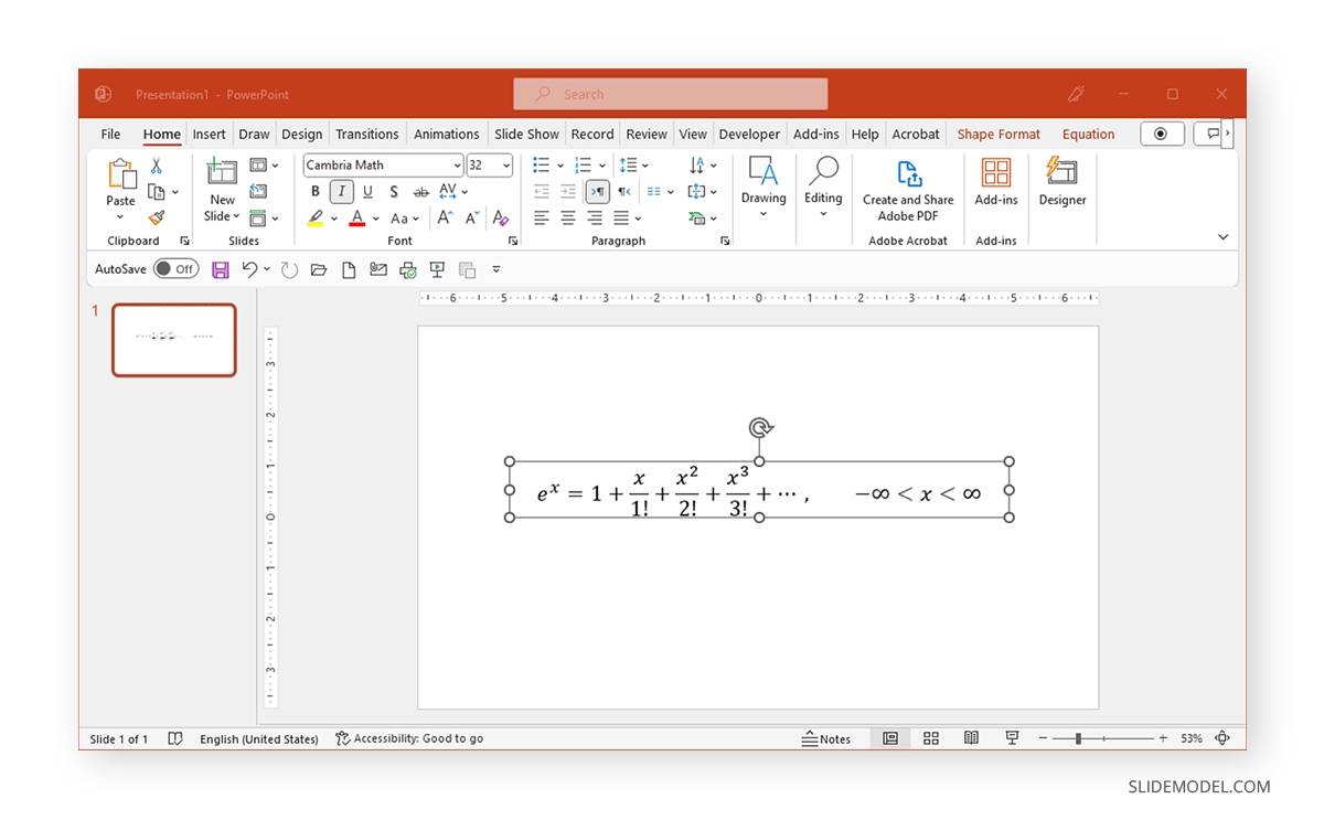 Inserted equation in PowerPoint