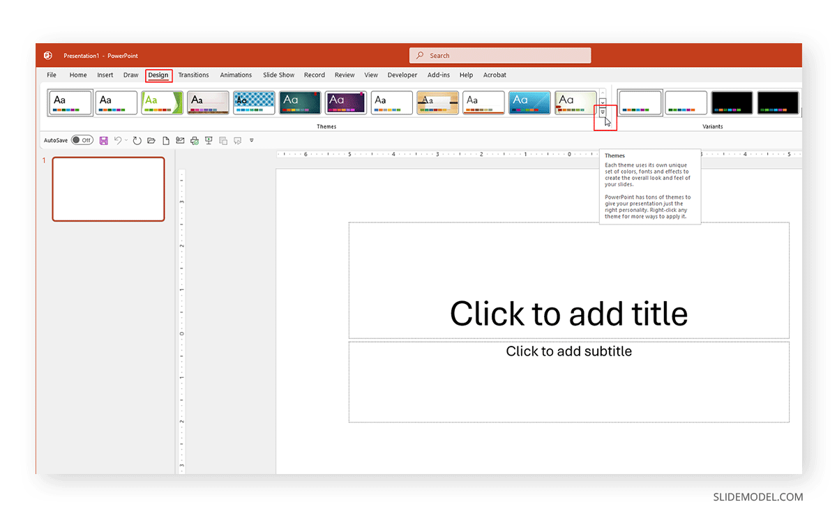 Expanding the PowerPoint themes section for more options