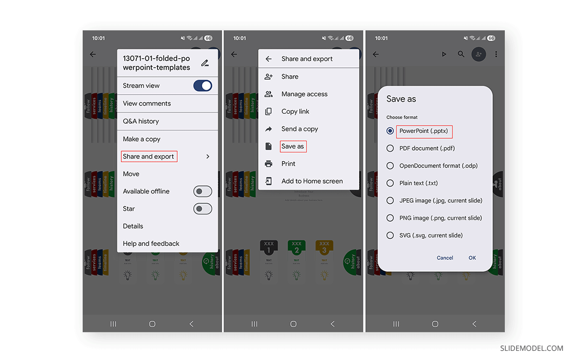 How to download a Google Slides presentation from mobile into PowerPoint format