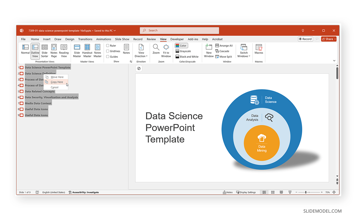 Selecting and copying slide outline from Outline View in PowerPoint