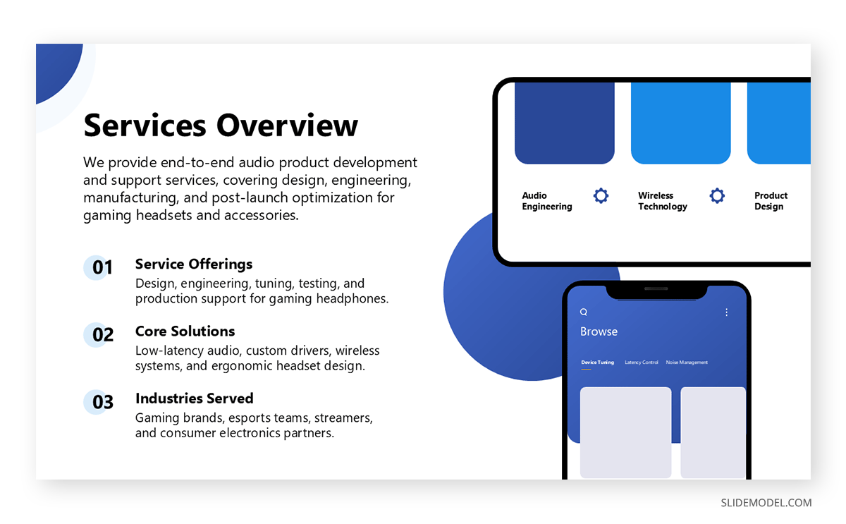 Example of a Services Overview slide in a capabilities presentation deck