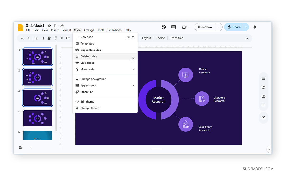 Using Google Slides menu for Slides to delete a slide