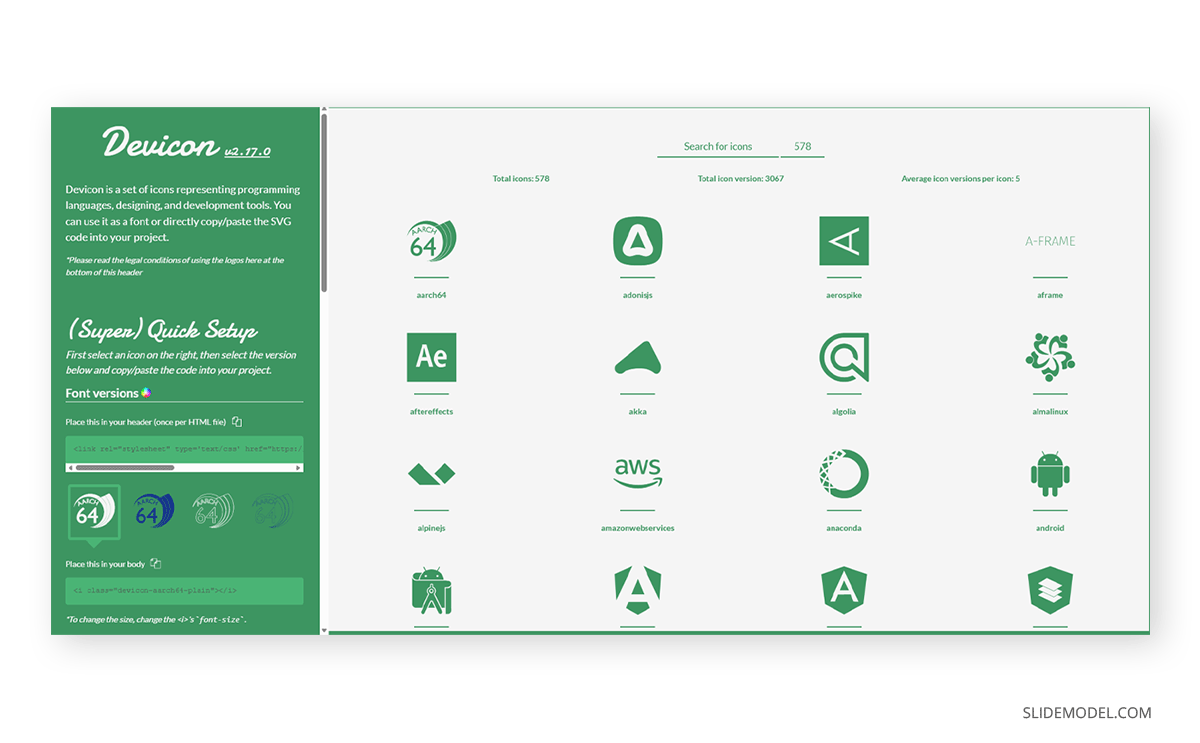 Devicon website showcasing tech stack icons