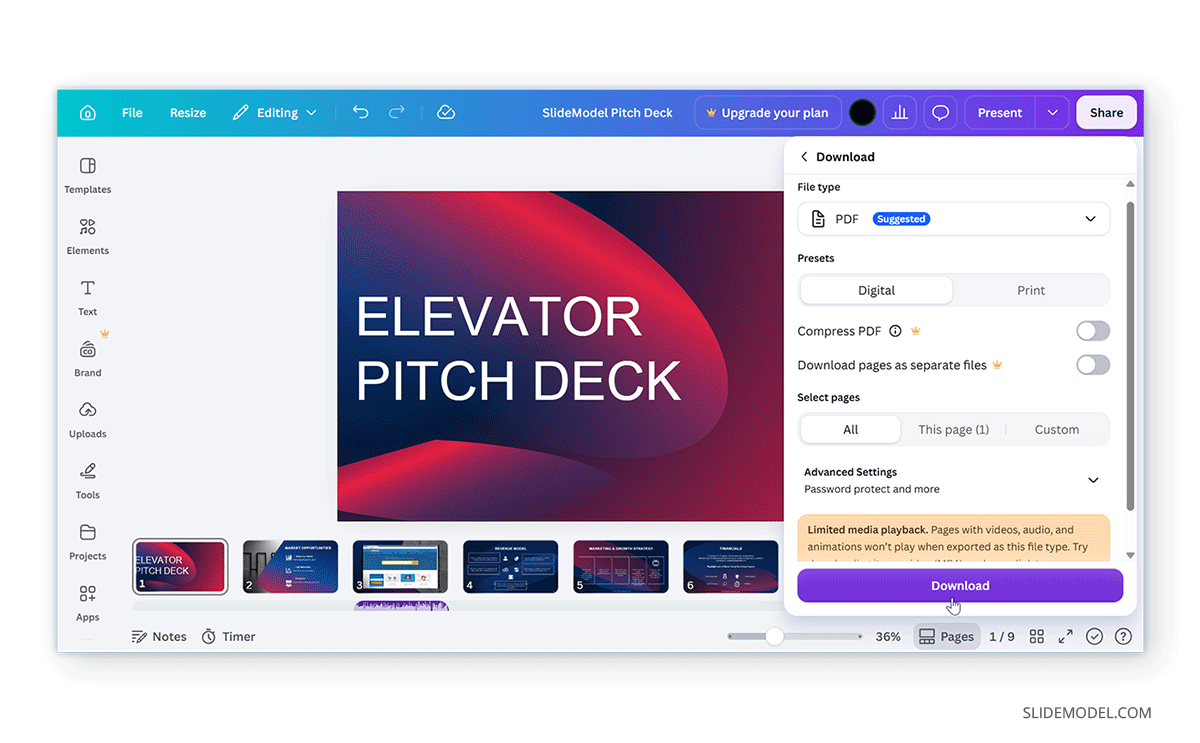 How to download print-ready PDF slides from Canva